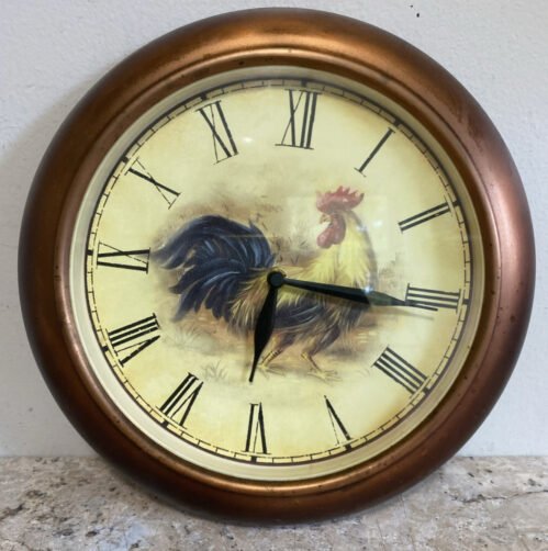 Wall Clock Rooster Metal Frame Copper Decor 11" Farmhouse Kitchen Works