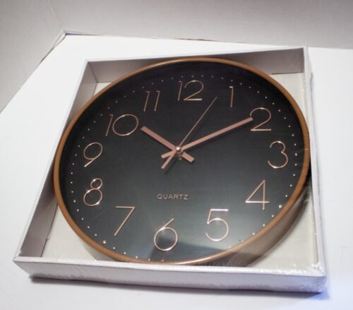 Wall Clock Round 12” Analog Unbranded Black Face Rose Gold Nos./Hands BrownFrame