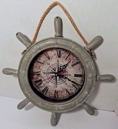 Wall Clock Ship Wheel Gray Distressed Nautical Decor Maritime Quartz