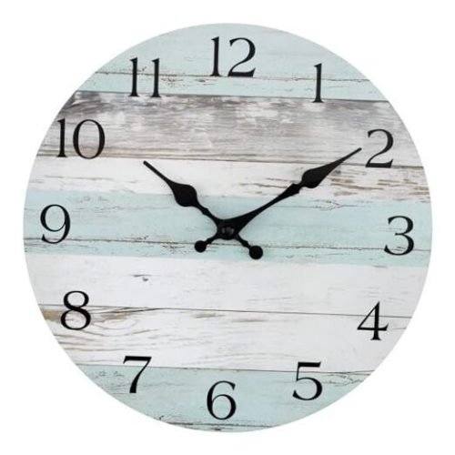 Wall Clock Silent Non-Ticking Battery Operated Wood Wall 10 Inch Coastal Blue