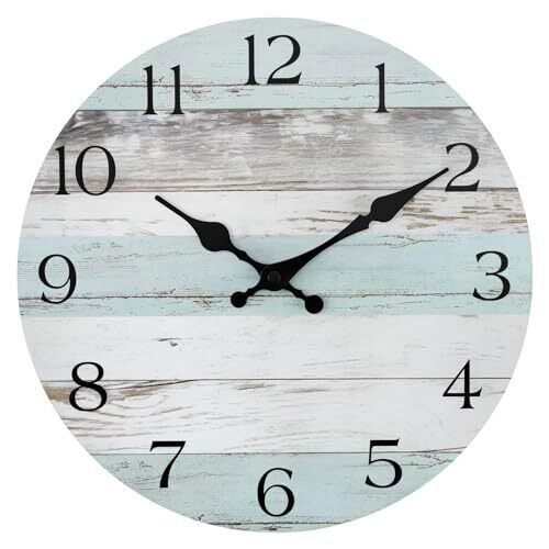 Wall Clock Silent Non-Ticking Battery Operated Wood Wall 12 Inch Coastal Blue