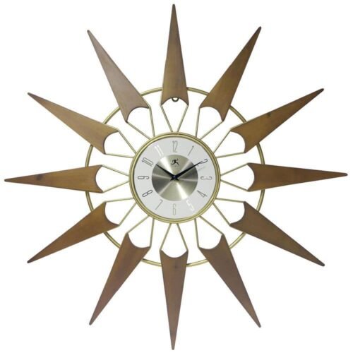 Wall Clock Starburst Wooden Rays Gold Metal Frame Open Face Midcentury Modern