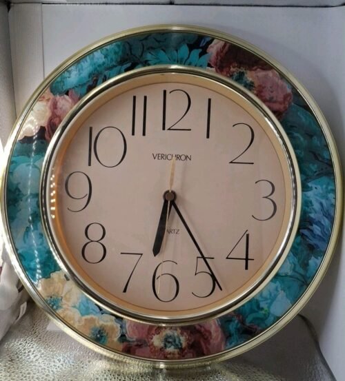 Wall Clock Verichron Blue Green Floral Gold Trim Model 700863 Serena Vintage 80s