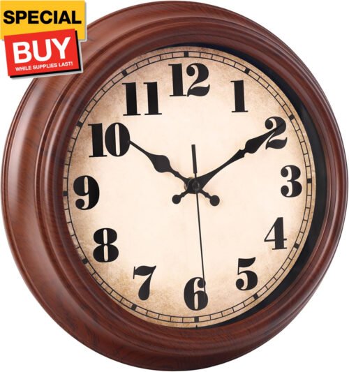Wall Clock Wood Grain Retro Design,12 Inch Vintage Wall Clocks Battery Operated