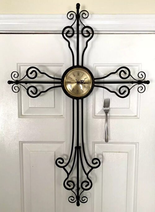 Wall Hanging Clock Cross Wrought Iron Large 30" X 20" Inches Heavy Duty Rustic