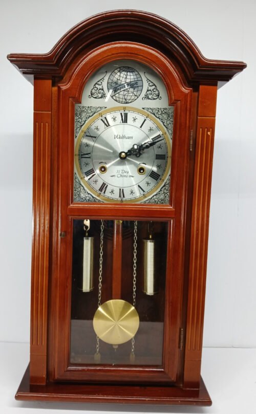WALTHAM 31 DAY CHIME 28 " WALL CLOCK TEMPUS FUGIT PENDULUM KEY WEIGHTS FREE SHIP