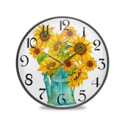 Watercolor Sunflower Yellow Wall Clocks Battery Operated 12 Inch / 9.5 Inch S...