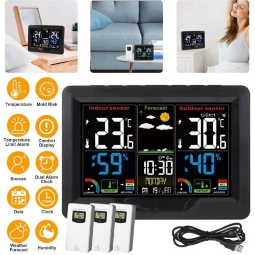 Weather Station Wireless Indoor Outdoor Thermometer Alarm Clock with 3 Sensor