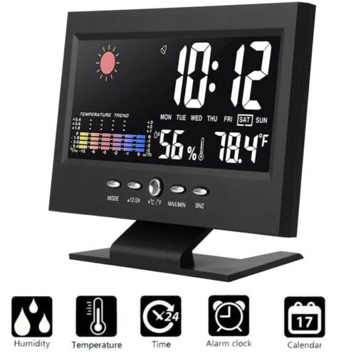 Weather Thermometer Desk Digital Alarm Clock LED Temperature Humidity Monitor