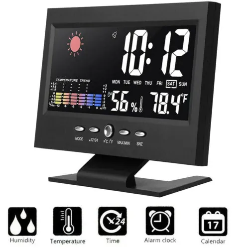 Weather Thermometer Desk Digital Alarm Clock LED Temperature Humidity Monitor