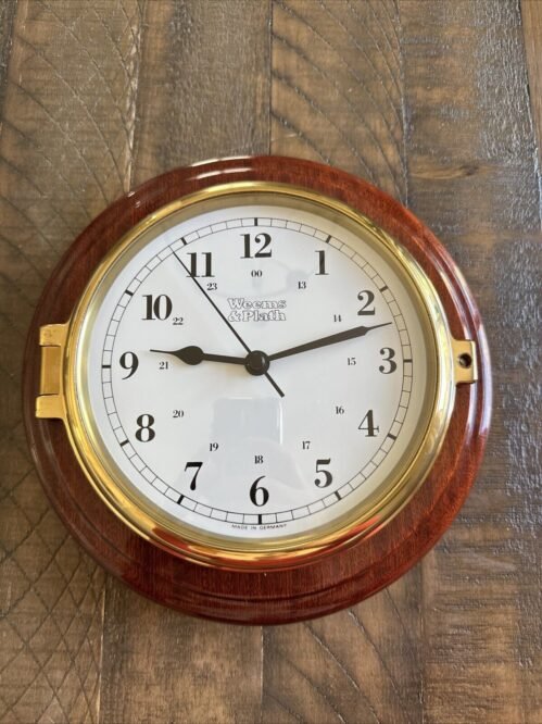 Weems & Plath Brass Ships Clock On Lacquered Cherry Wood In Excellent Condition