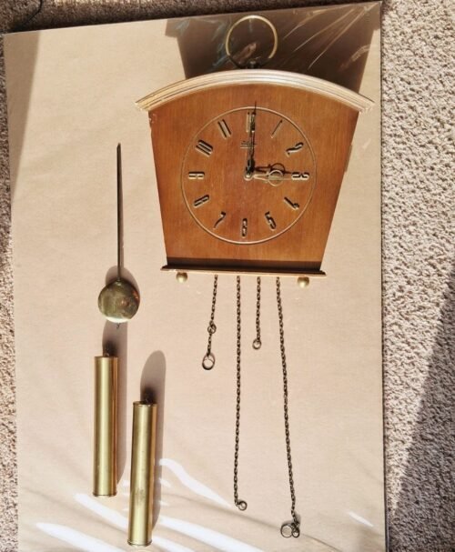 Welby Pendulum Clock W/ Brass Weights Chimes Vintage Wall Hanging Decor RARE