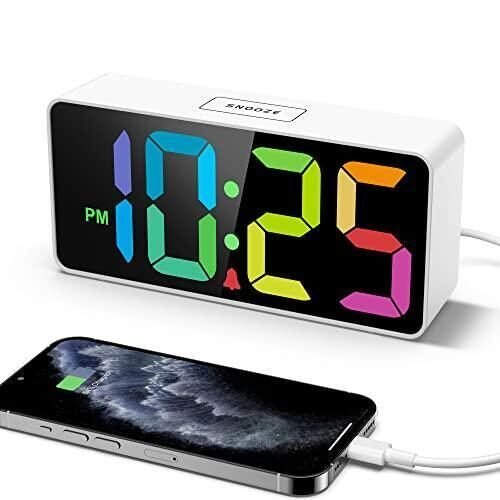 Welgo Rainbow Colored LED Digital Alarm Clock, 0-100% Dimmer, USB Charging Port,