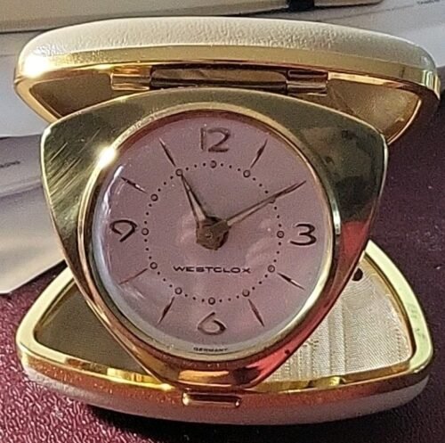 Westclox 1960's Travalette Leather Cased Alarm Clock #44048 Pearl White Vintage