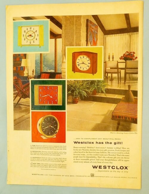 WESTCLOX ALARM CLOCKS * RARE VINTAGE 1957 PROMO POSTER MID-CENTURY MODERN DESIGN