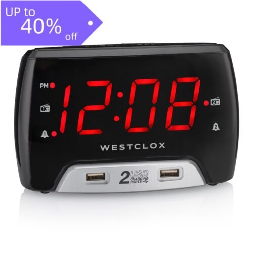 Westclox LED Clock Radio - 1.4" Red Display, 2 USB Fast Charge, Electric