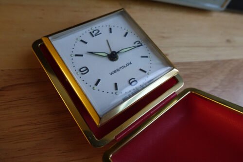 WESTCLOX Mechanical Wind Up Travel Alarm Pocket Clock in Folding Red Case
