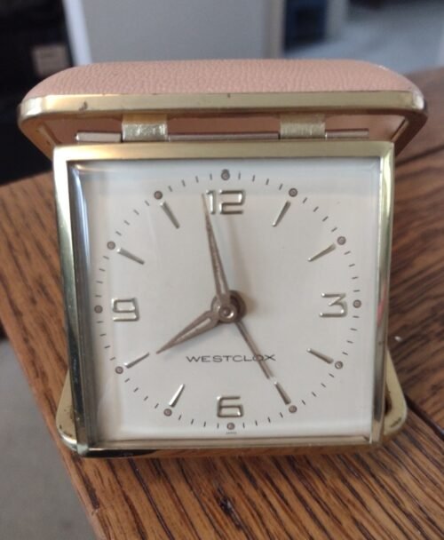 Westclox Vintage Travel Alarm Clock Wind Up Folding Tan Made Japan Tested Works