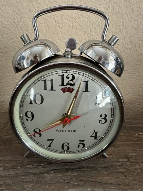 Westclox VTG Double Twin Bell Travel Alarm Clock Works Wind Up Silver 5 3/4" EUC