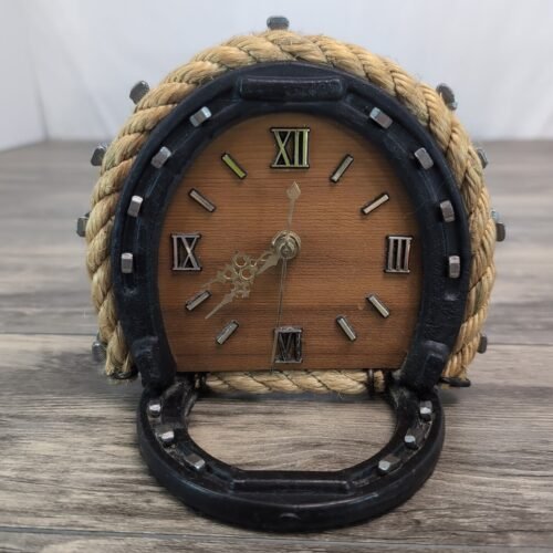 Western Clock Horseshoe Cowboy Rope Mantle 6.5" Quartz Movement Free Standing