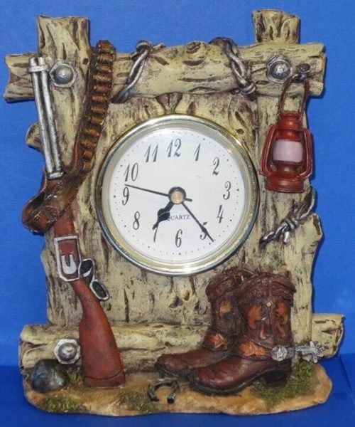 Western Hunter Table Top Clock, Rifle, Boots and Lantern Mantel Quartz Timepiece