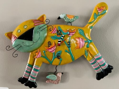 Whimsical Allen Design Cat Clock with Bird Pendulum in working condition
