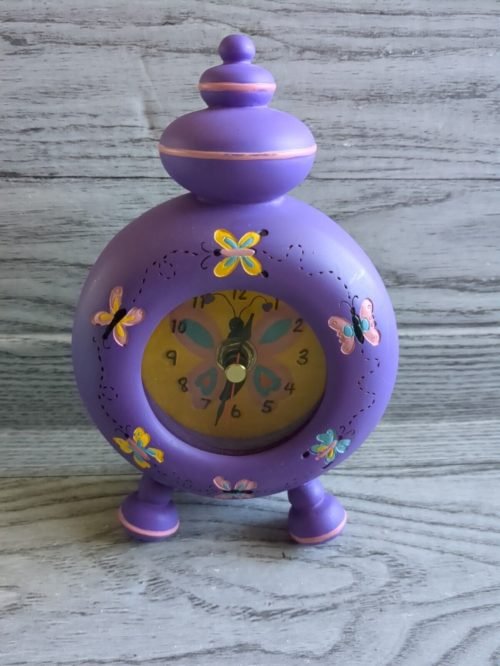 Whimsical Butterfly Clock Purple Room Decor Shelf Sitter Baby Kids Analog EUC