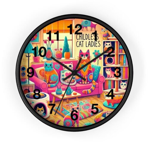 Whimsical Childless Cat Ladies Wall Clock Colorful Home Decor Cat Art Cat Clock