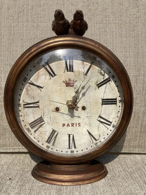 Whimsical Round Metal Table Desk Clock Antiqued to Look Vintage Pair of Birds