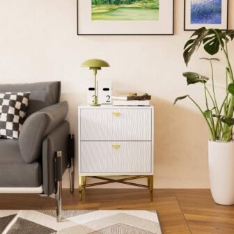 White 2-Drawer Water Ripple Finish Designs Wood Nightstand with Square Support Legs