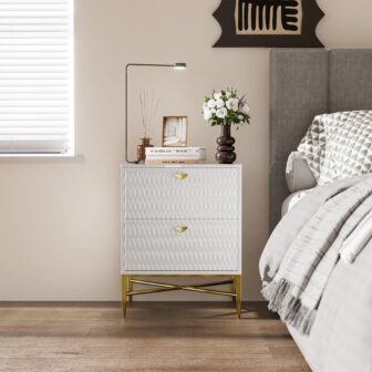 White 2 Drawer Wood Nightstand with Square Support Legs