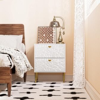 White 2 Drawer Wood Nightstand with Tapered Support Legs