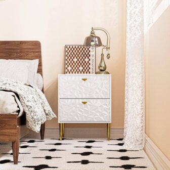 White 2 Drawer Wood Nightstand with Tapered Support Legs