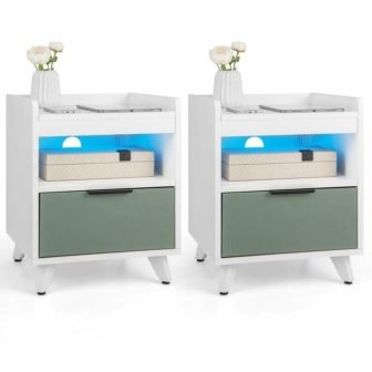White 2-Pieces Nightstand Modern Beside End Table with LED Lights Open Compartment...