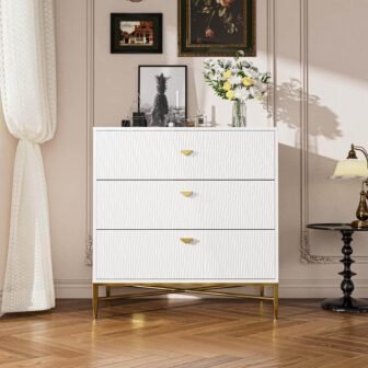 White 3-Drawer Water Ripple Finish Designs Wood Nightstand with Square Support Legs