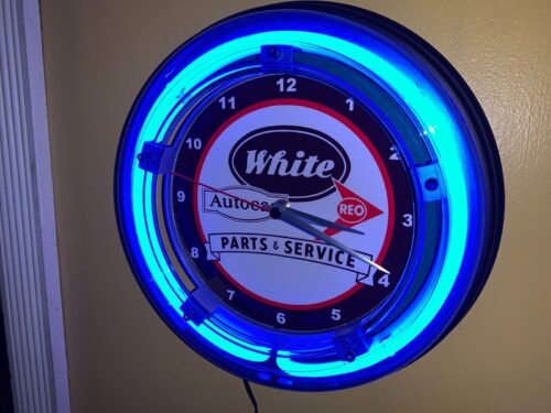 White AutoCar REO Motors Auto Garage Bar Neon Wall Clock Advertising Sign