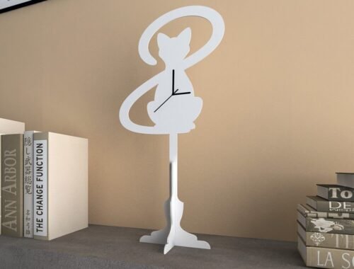 White Cat With Big Tail - Silhouette Table Clock