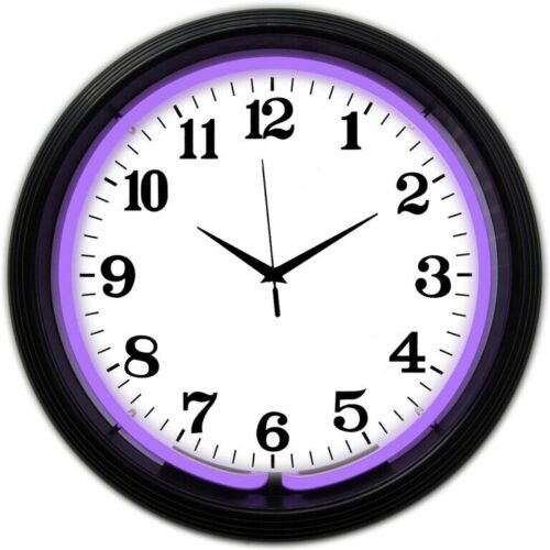 White Clock Face Numeric Purple Neon Wall Clock 15" Diameter 8BANDP Neonetics