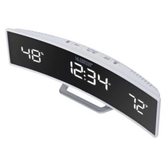 White Curved Alarm Clock with Mirrored LED Lens Display