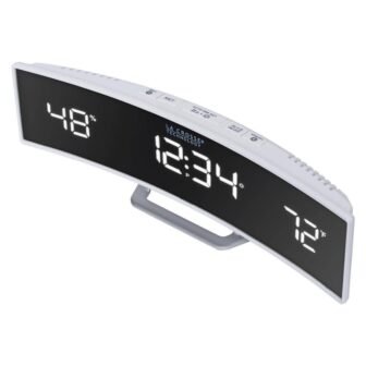 White Curved Alarm Clock with Mirrored LED Lens Display