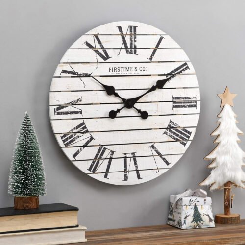 White Farmhouse Shiplap Wall Clock, 18" Vintage Wood Decor for Home or Office