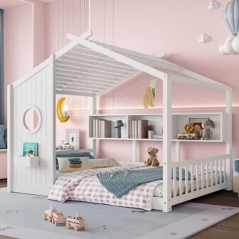 White Full Size House-shaped Kids Montessori Bed, Floor Bed with Storage Shelf,...