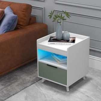 White Nightstand Modern Beside End Table with LED Lights Open Compartment and...