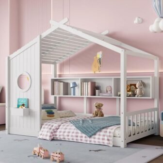 White Twin Size House-shaped Kids Montessori Bed, Floor Bed with Storage Shelf,...