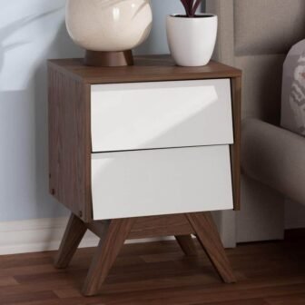 White/Walnut Brown 2 Drawer 15.75 in. W Nightstand, Sturdy Bedside Nightstand Table