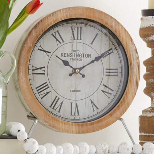 Whitewash Kensington Wood Vintage Round Table Clock Countertop Home Decor