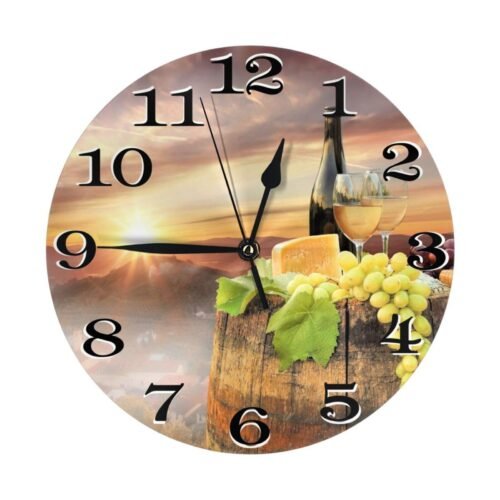White Wine with Barrel Wall Clock Battery Operated Silent Round Clock Wall De...