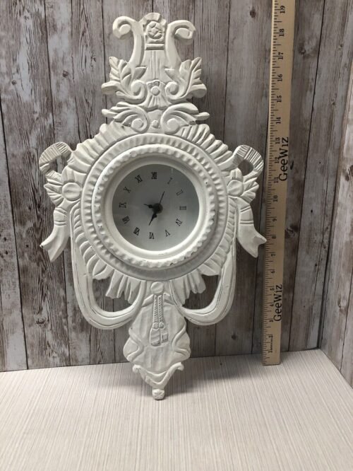 White Wood Carved Scroll Wall Clock 18” Ribbon Scroll Shabby Chic FREE SHIPPING