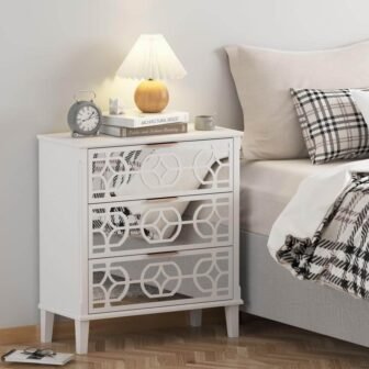 White Wooden Accent Storage Cabinet with 3-Mirrored-Drawer