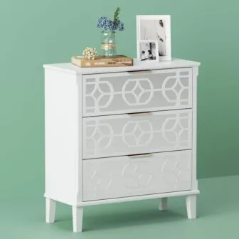 White Wooden Accent Storage Cabinet with 3 Mirrored Drawer image